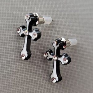 Tiny Cross Post Earrings with White Rhinestones